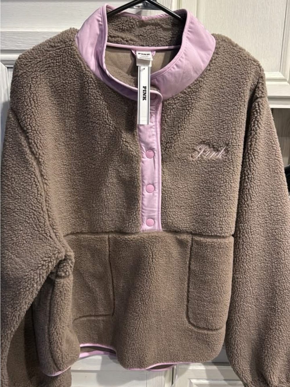 PINK Victoria's Secret Brown Sherpa Pullover with Pink Trim
